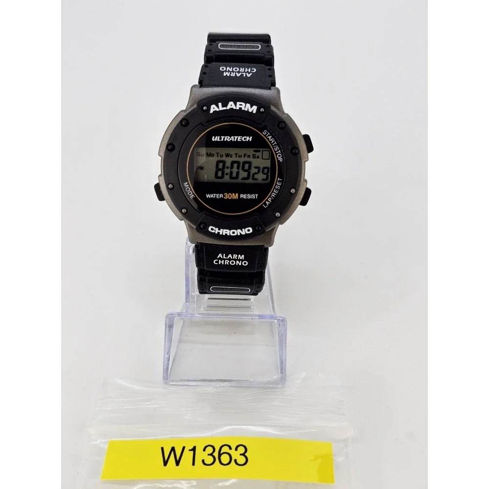 Men's Sports Digital Watch 44MM Black Plastic Bands Alarm Chrono New Battery